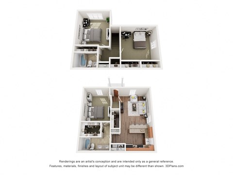 Two images of a small apartment with a kitchen, living room, and bathroom.